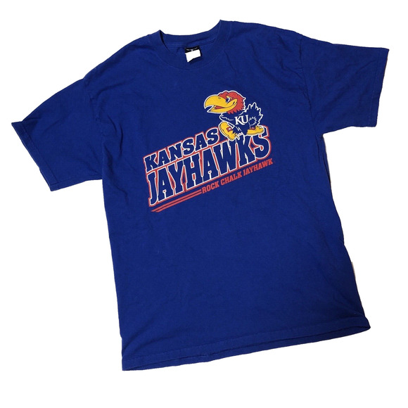 Jayhawks T-shirt Hanes Beefy T Vintage Kansas University Blue Men's Unisex Large - Picture 1 of 7